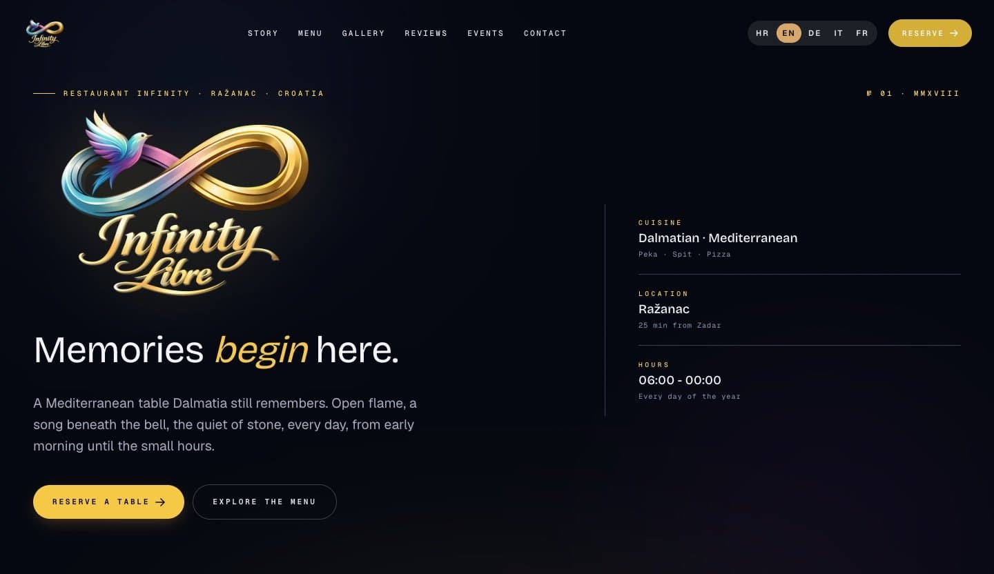 Englische Fassung der Startseite von Restoran Infinity Libre am Desktop: Überschrift 'Memories begin here.', Schaltflächen 'Reserve a table' und 'Explore the menu', rechts Küche, Lage und Öffnungszeiten.