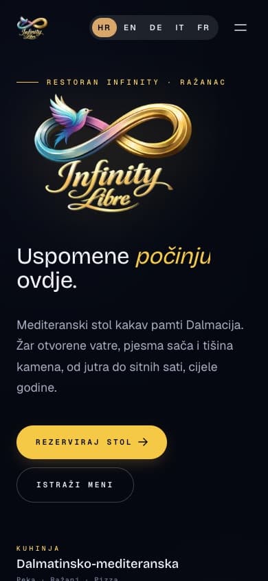 Kroatische Startseite von Restoran Infinity Libre auf dem Smartphone: Sprachumschalter, Logo, Überschrift und die Schaltflächen 'Rezerviraj stol' und 'Istraži meni'.